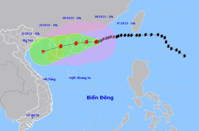 Dự báo hướng đi và vùng ảnh hưởng bão Koinu, sáng 7/10. Ảnh: NCHMF